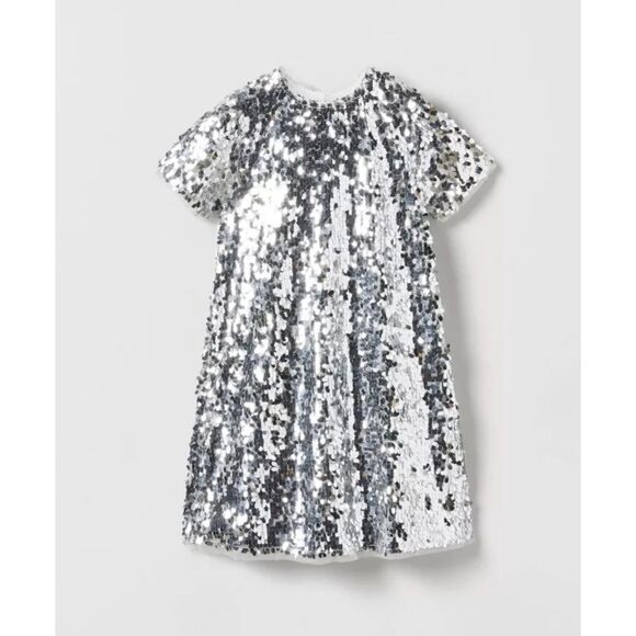 ZARA Girls Silver Sequin Dress Short Sleeve Swing Dress Sz 11-12